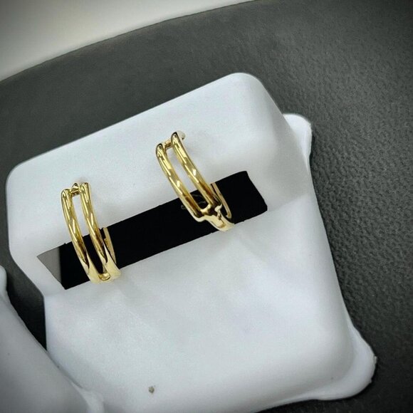 2 Row Gold Huggie Hoop Earrings 14K Yellow Gold For Womens Fashion Design - Picture 5 of 5